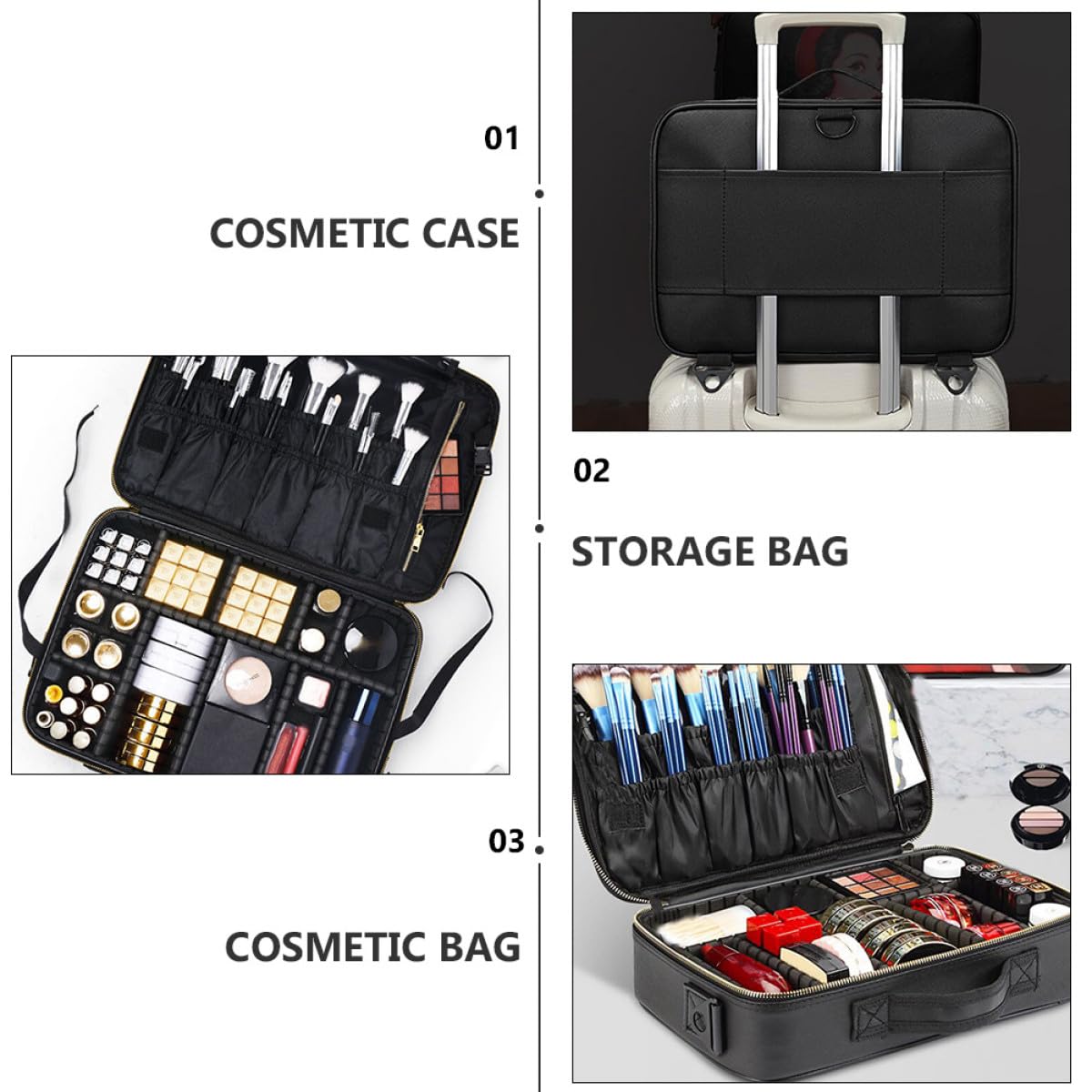 Trousse Porta Trucchi Donna Oxford Nero Design a Scomparti e Manico, Astuccio da Viaggio Compatto e Pratico per Cosmetici