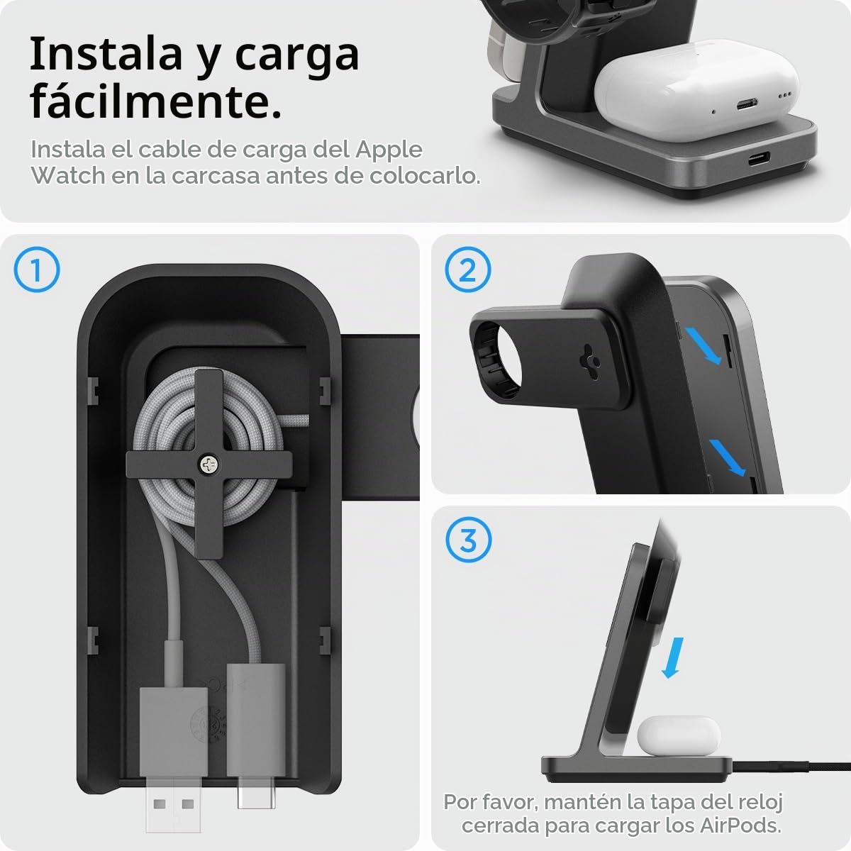 Spigen OneTap Pro 3 MagFit Soporte de MagSafe Carga Inalámbrica Rápida 3 en 1, Modo Standby iOS 17, Compatible con Modelos de iPhone 16,15,14,13,12, AirPods Pro 3 - Negro