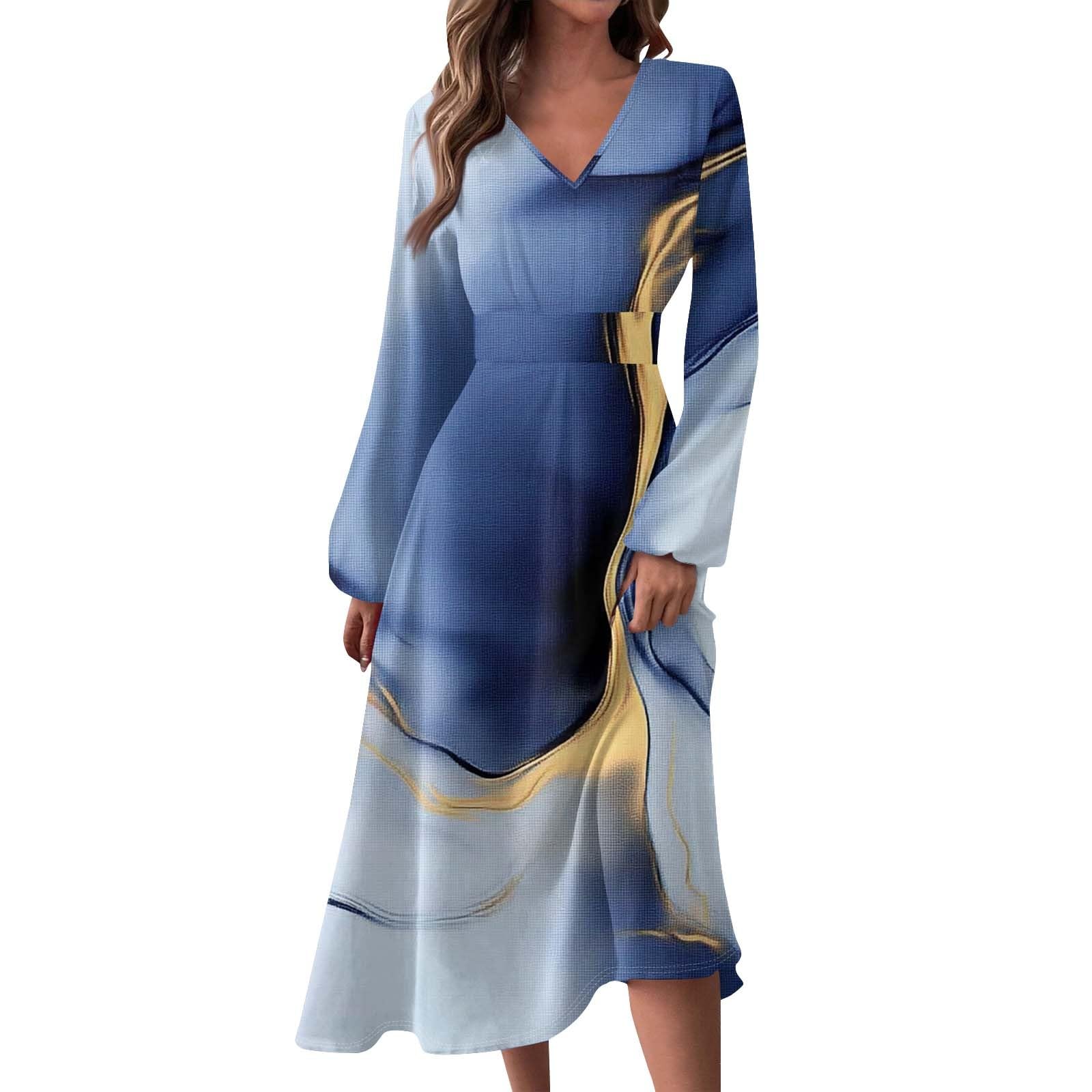 Women's Simple Gradient Long Sleeve Dress Pretty Casual V-Neck Summer Maxi Dresses