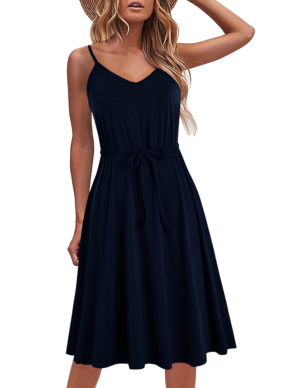 Women's Casual Summer Dress Beach Sleeveless Spaghetti Strap Adjustable Waist A Line Sun Dresses with Pockets 826