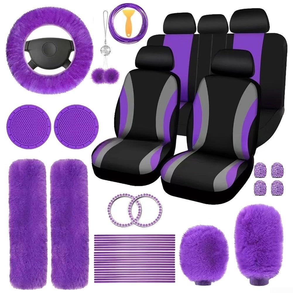Set di 45 coprisedili per interni auto, coprivolante e leva del cambio, in morbida lana sintetica, antiscivolo, lavabile, per SUV e berlina, colore: nero/rosa (viola)