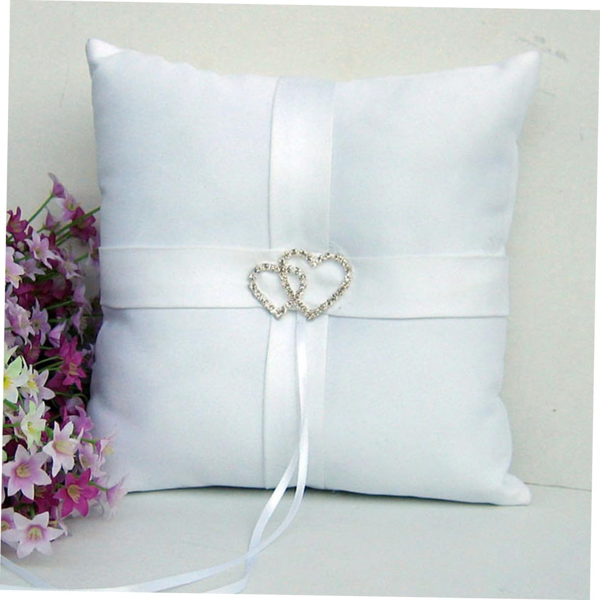 2pcs Double Heart Wedding Bearer Pillow Ribbons Elegant Satin Decoration for Bridal Ceremony for Bearer Page Boy White