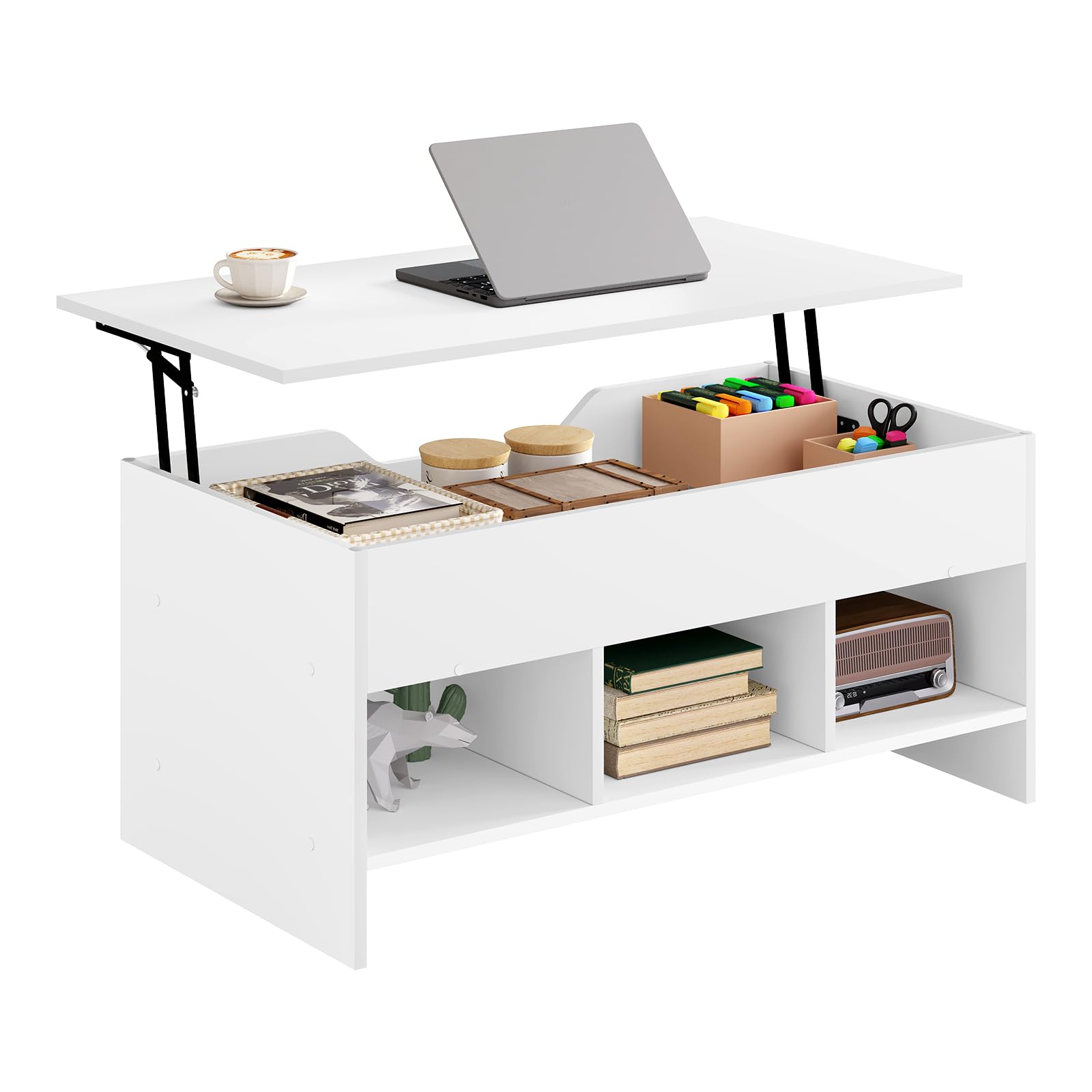 WOLTU Mesa de Centro Elevable y Extensible con Superficie Elevable | 3 Estantes Abiertos,Fácil de montar，Capacidad de carga máxima 30 kg,Mesita Pequela para Salon,Blanco,95x(40-55.5)x50 cm