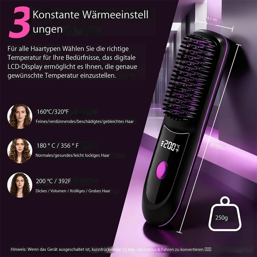Cefryna Stylingbürste, Stylingbürste Für Kurze Haare, 3 Temperaturstufen, Tragbar & Wiederaufladbar Styling Bürste Für Reisen Und Täglichen Gebrauch (D)