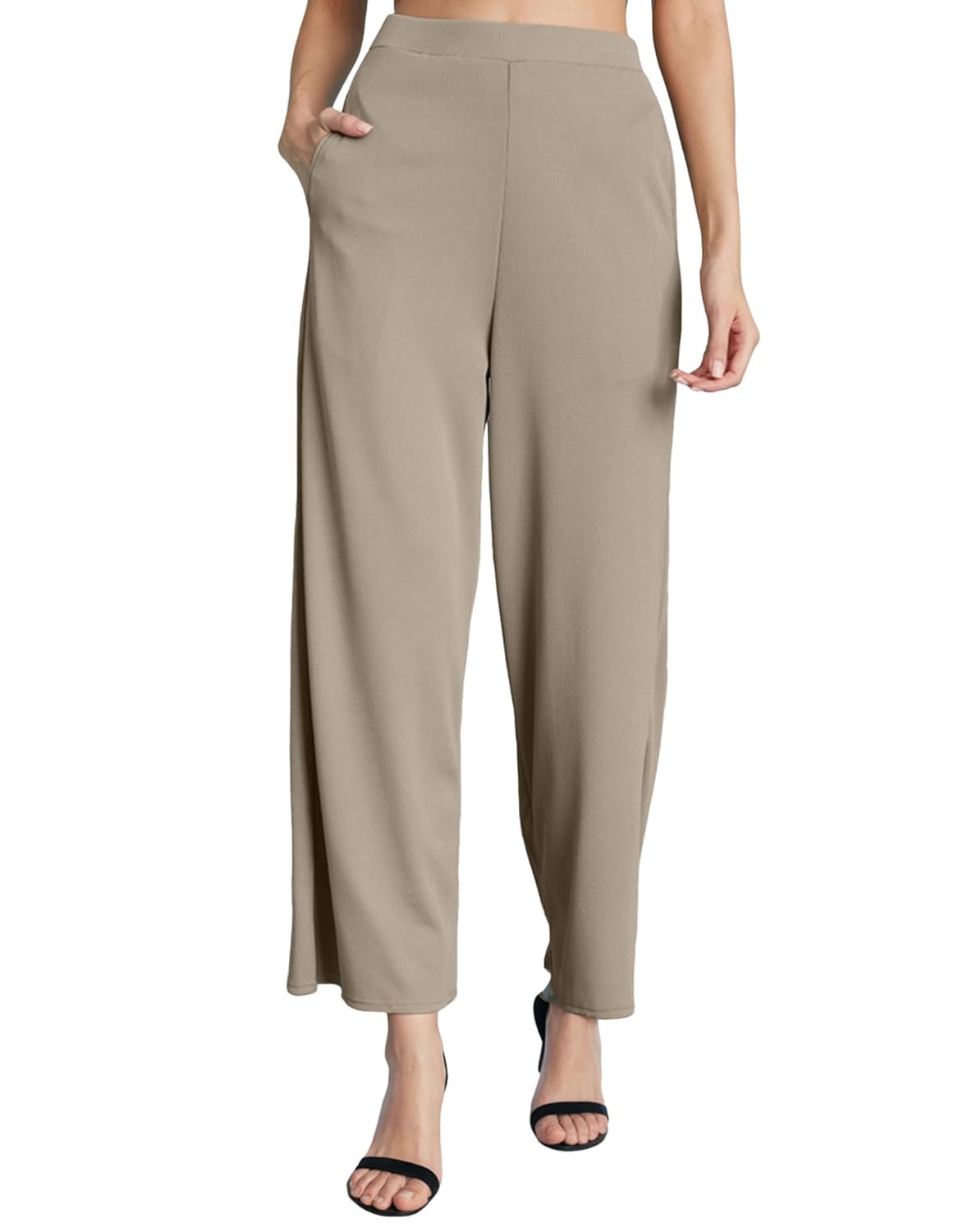 SIRIL Women’s Ribbed Lycra Solid Regular Fit Wide Leg Trouser Pant