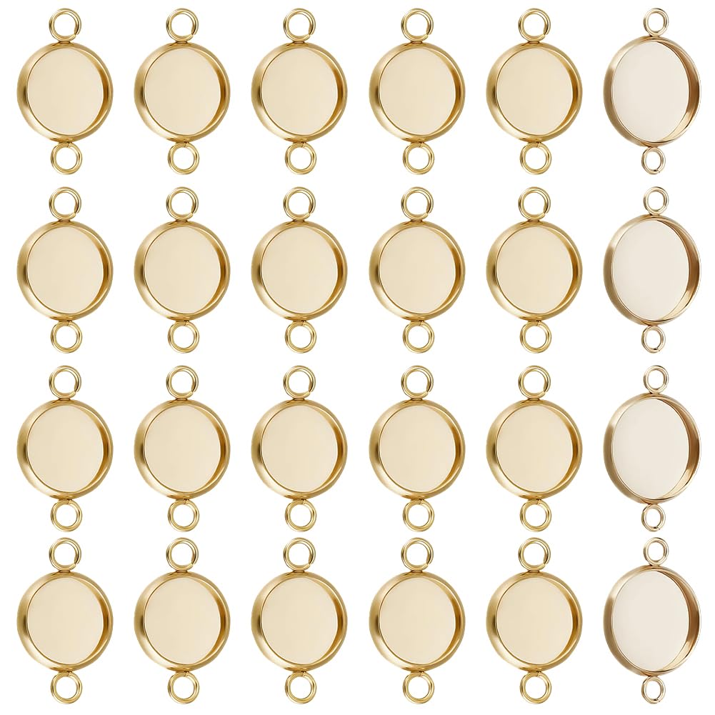 CREATCABIN 40Pcs Gold Stainless Steel Cabochon Connectors Settings Round Blank Bezel Pendant Connector Trays Charm Links with Double Loops for Earrings Bracelets Necklaces Handicrafts Jewelry Making