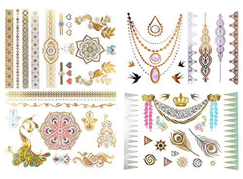 COKOHAPPY 4 Sheets Colorful Temporary Tattoo , Crown Peacock Mandala Hamsa Feather Flower Flash Metallic Tattoo in Gold Silver , Easy to Apply and Long Lasting for Women