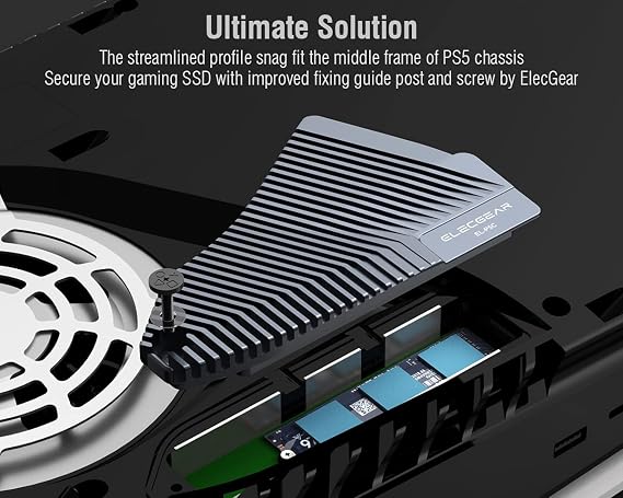 ElecGear PS5 NVMe SSD Heatsink, EL-P5C Heat Pipe + Solid Aluminum Cooler for PlayStation 5 Internal PCIe M.2 NVMe 4.0 Gen4 Memory, Re-Designed SSD Mounting Post Kit - (Not for Slim/Pro)