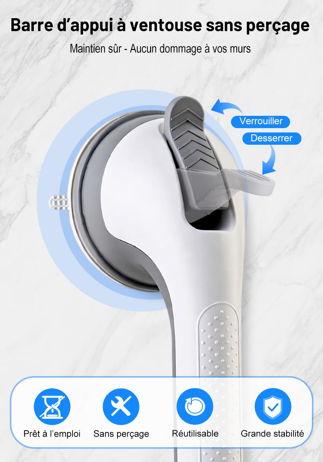 Barre d’appui douche sans perçage, lot de 2 poignées de sécurité à ventouse puissante, antidérapantes, maintien stable pour salle de bain, toilettes et surfaces lisses, aide à la mobilité