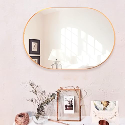 Miniatura 5 de Manocorro Espejo de pared ovalado dorado, espejo de baño ovalado de 20 x 30 pulgadas, espejo grande de decoración de tocador con marco de metal,