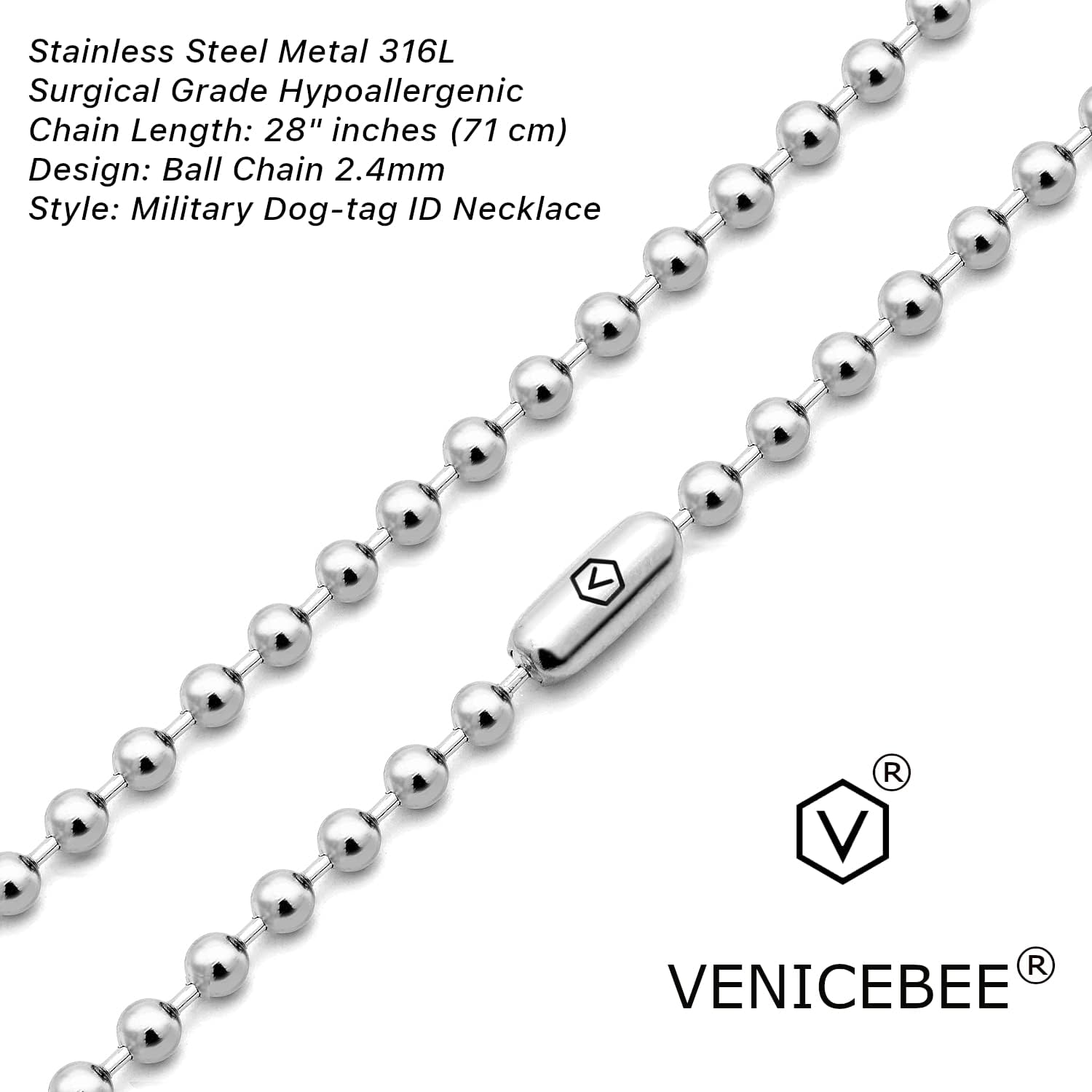 VENICEBEE® Best Stainless Steel Ball Chain Medical Grade 316L Surgical Metal Long Dog-Tag ID Military Necklace 28" INCHES 2.4MM Wide Resizable Standard Chain 28 inch + Pouch HYPOALLERGENIC LEAD-FREE - Image 3