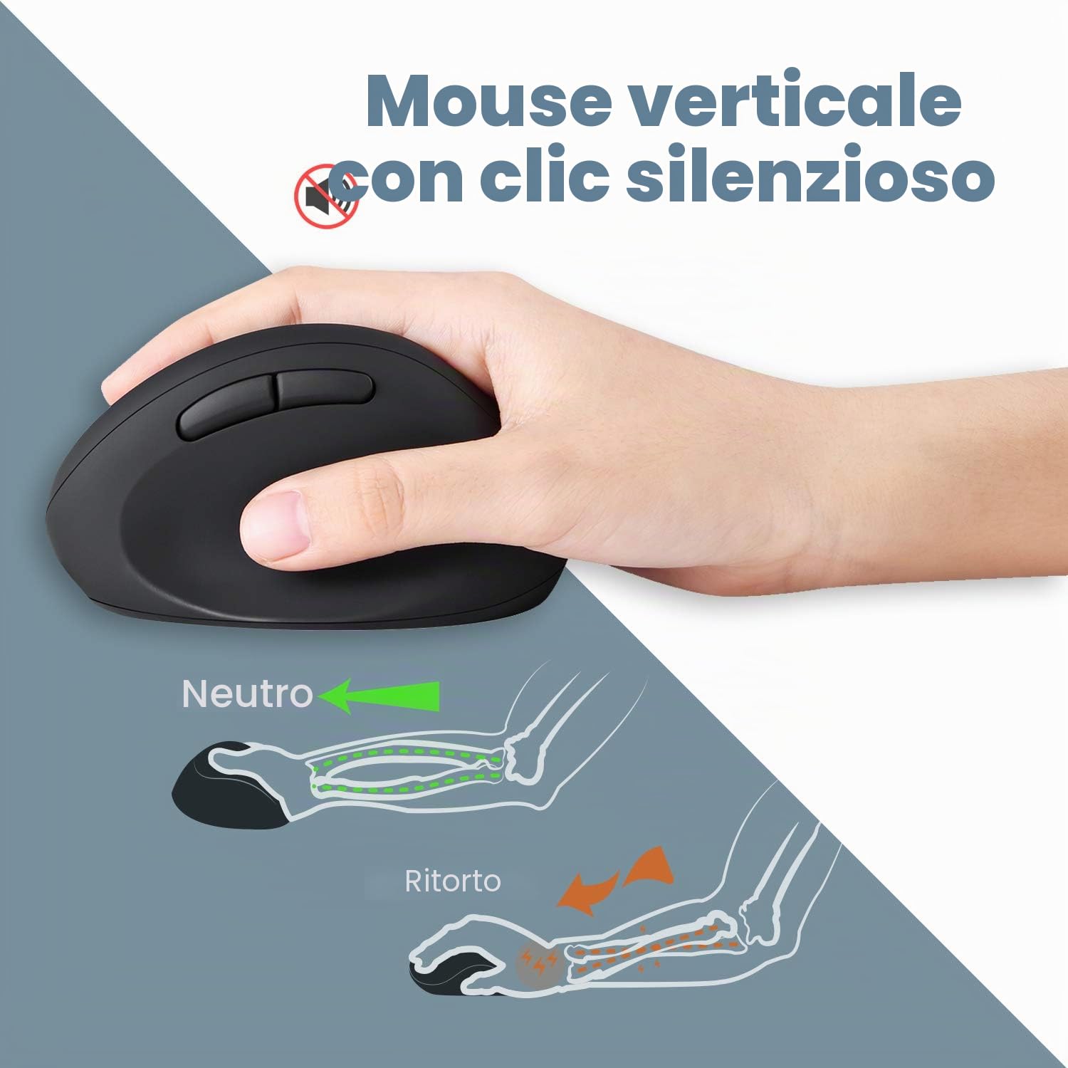 Perixx Periduo-606 - Set tastiera ergonomica compatta e mouse verticale wireless, poggiapolsi regolabile e tasti Low Profile, dpi regolabile, QWERTY spagnolo