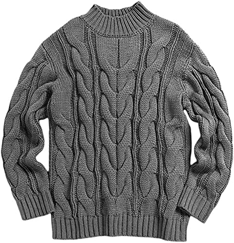 Men's Turtleneck Pullover Sweaters Knitted Long Sleeve Cable Twisted Knit Warm Winter Casual Sweater Gray #TOP1