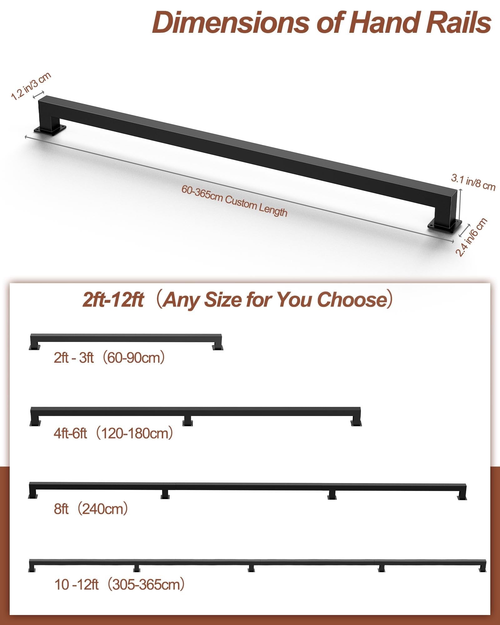 3FT Square Tube Handrail,Wall Mount Staircase Handrail Modern Pipe Stair Industrial Stair Rail For Indoor Outdoor Steps,440lbs Load,Carbon Steel Non-Slip Grab Handle For Loft Porch 1 Section - View #9