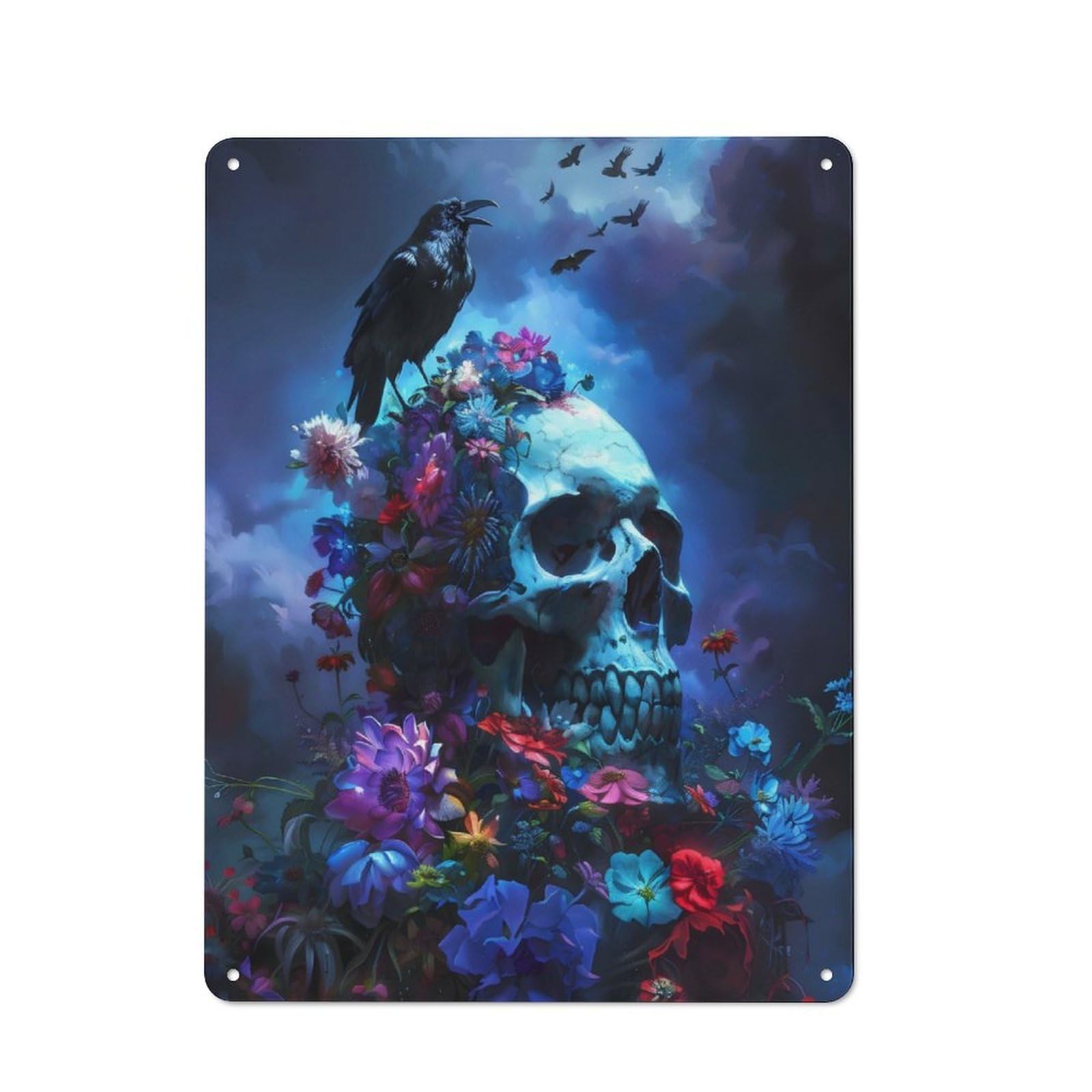 Junmoney Skull Raven Flowers Rustic Tin Wall Plaque 40X30cm For Home Bar Wall, For Vintage Wall Decor Fans, For Living Room And Hallway Decor