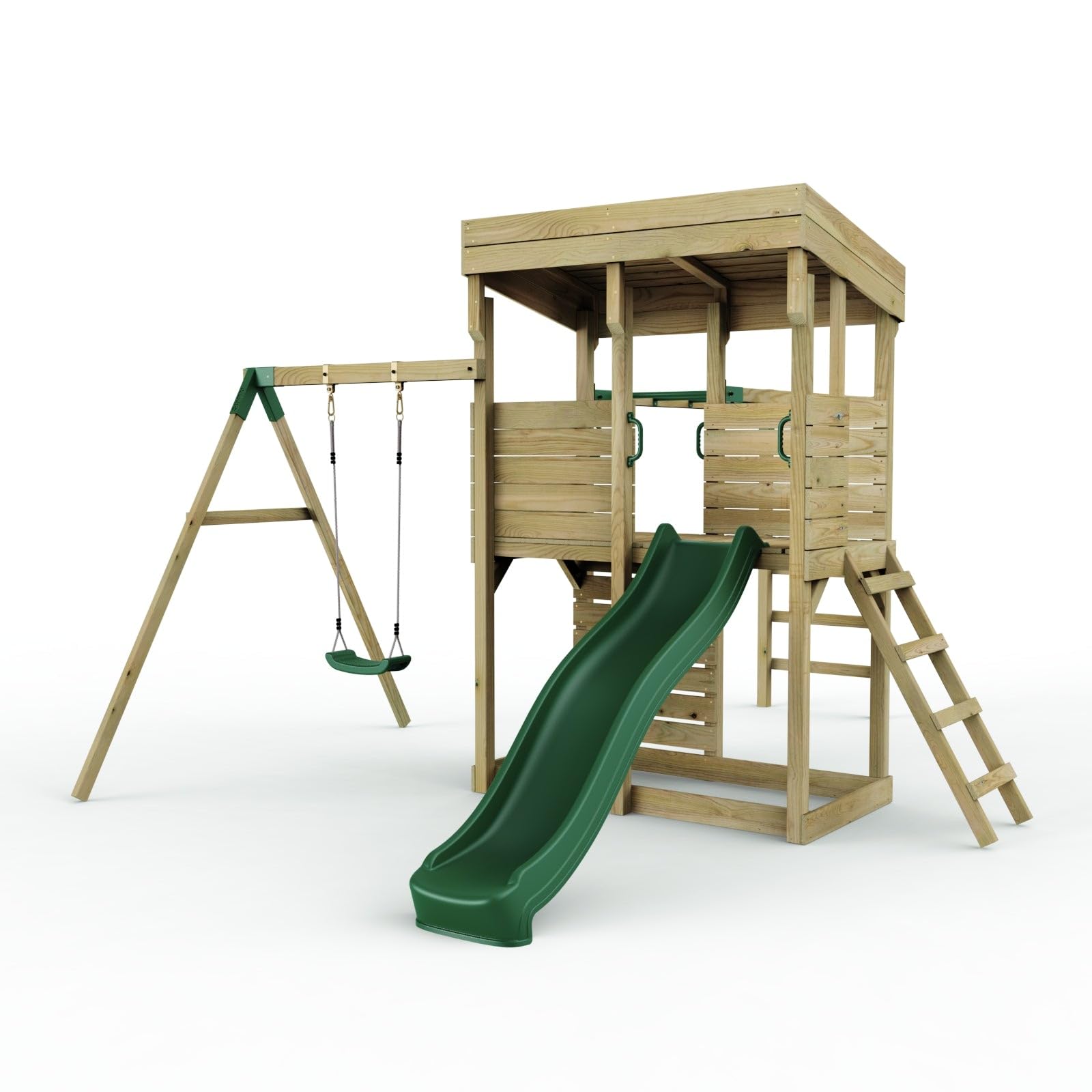 Rebo Green Xl Lookout Tower Playhouse With Single Swing And Monkey Bars | With 6Ft Slide | Ladder | Pressure Treated Timber, Safe For Children | Outdoortoys | Climbing Wall |
