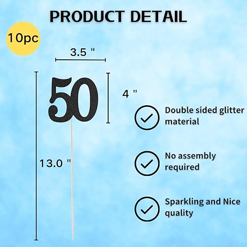 Miniatura 2 de Paquete de 10 palitos de centro de mesa de aniversario con purpurina de doble cara para cumpleaños número 50, decoración de mesa para fiesta de
