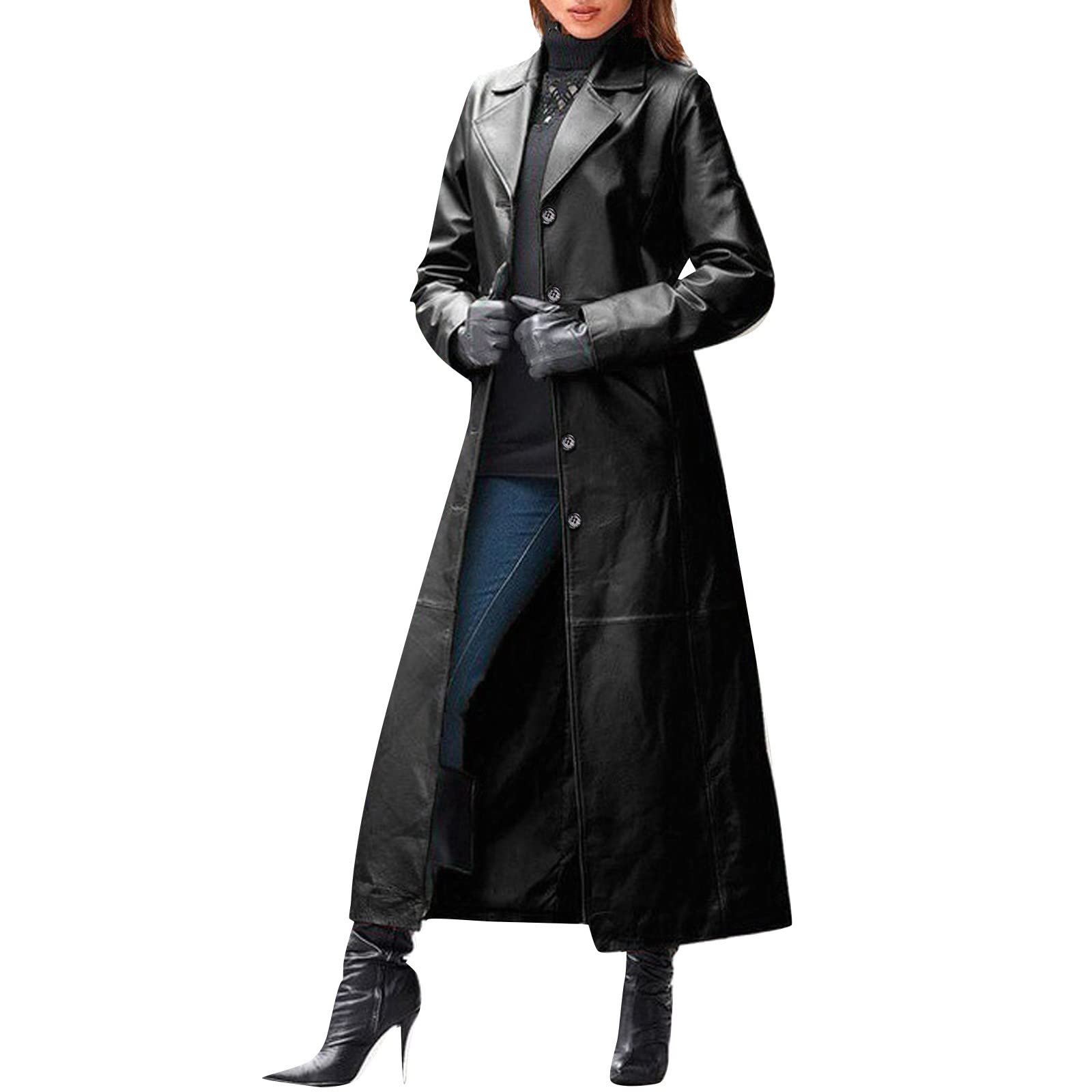 Genérico Abrigo Largo Elegante para Mujer Cortavientos de Cuero Delgado Chaqueta Cálida con Botones Sólidos y Diseño Moderno