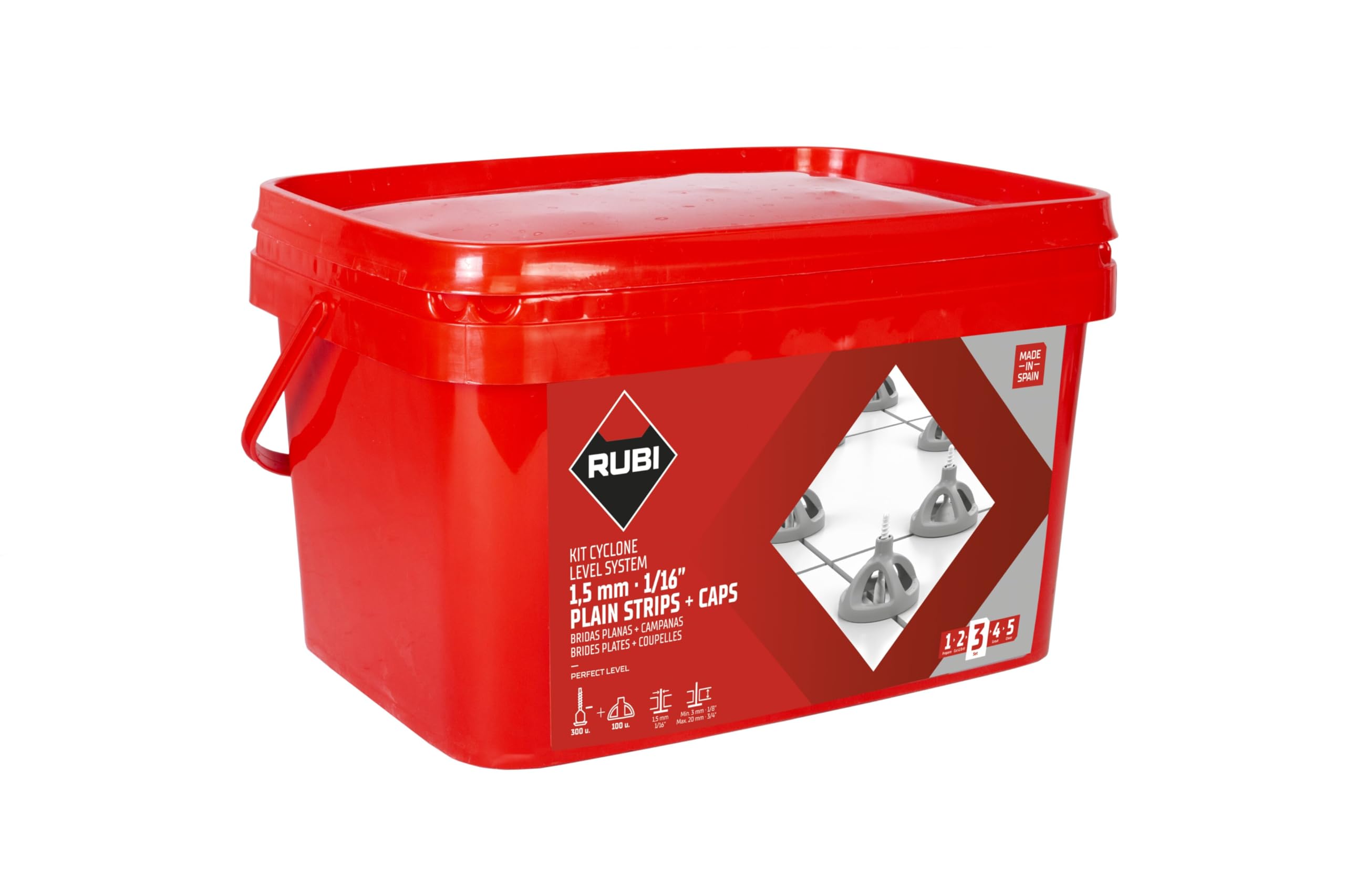 RUBI | KIT Cyclone Level System con Bridas Planas 1,​5 mm | Incluye: 300 Bridas y 100 Campanas Reutilizables | Sistema para Facilitar Colocación Cerámicas de Gran Formato | Niveladores Azulejos