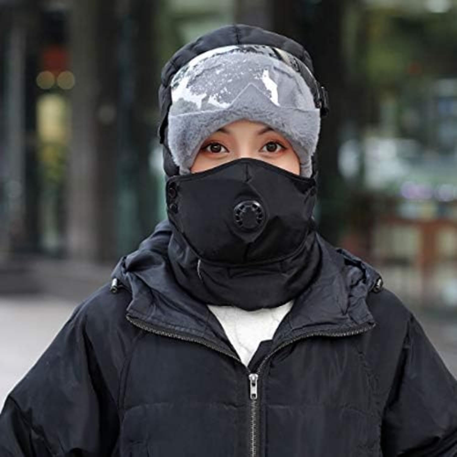 Real Rabbit Fur Trapper Hat with Face Cover,Unisex Thermal Earflap Winter Hat Windproof Hunting Ski Cap and Goggles