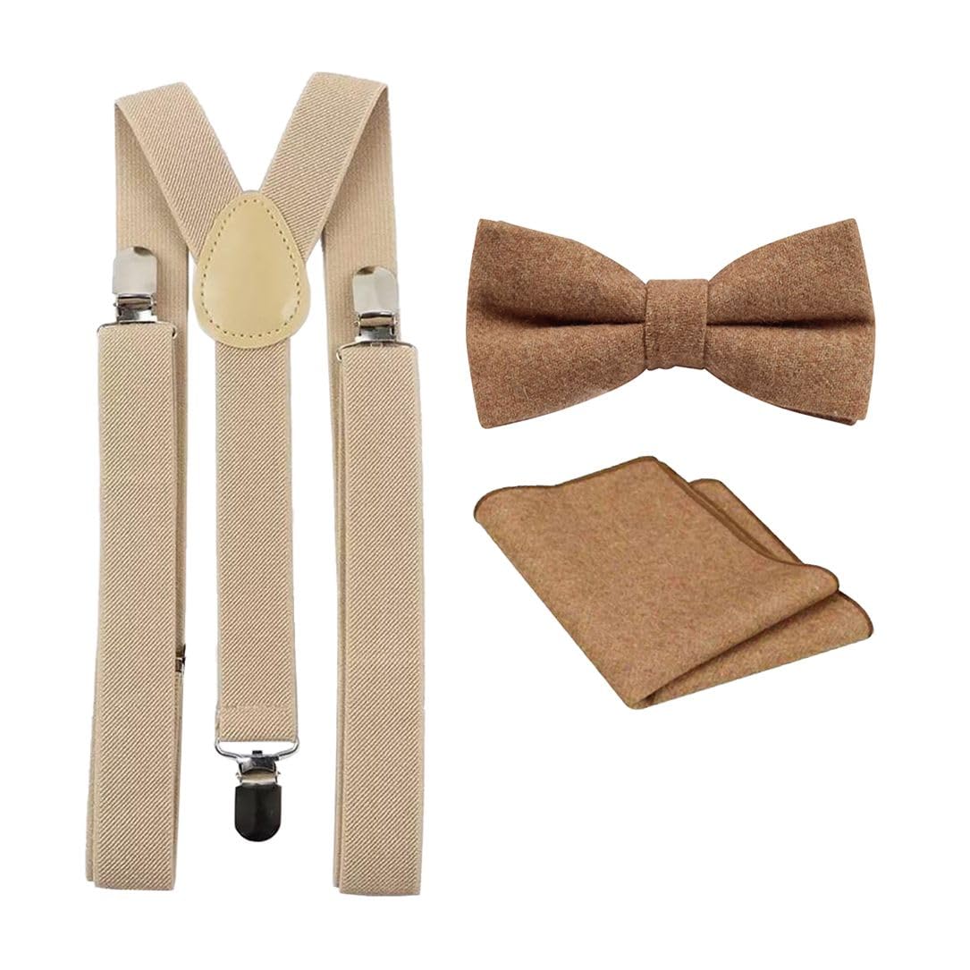 Db Dickie Bow Men's Brown Bow Tie And Pocket Square With Beige Braces Luxury Wool Pre-Tied And Adjustable Bow Tie & Pocket Square (Brown) And Braces Set (Beige) - Suitable For Formalwear, Office, Weddings, Parties, Grooms & Grooms Outfits