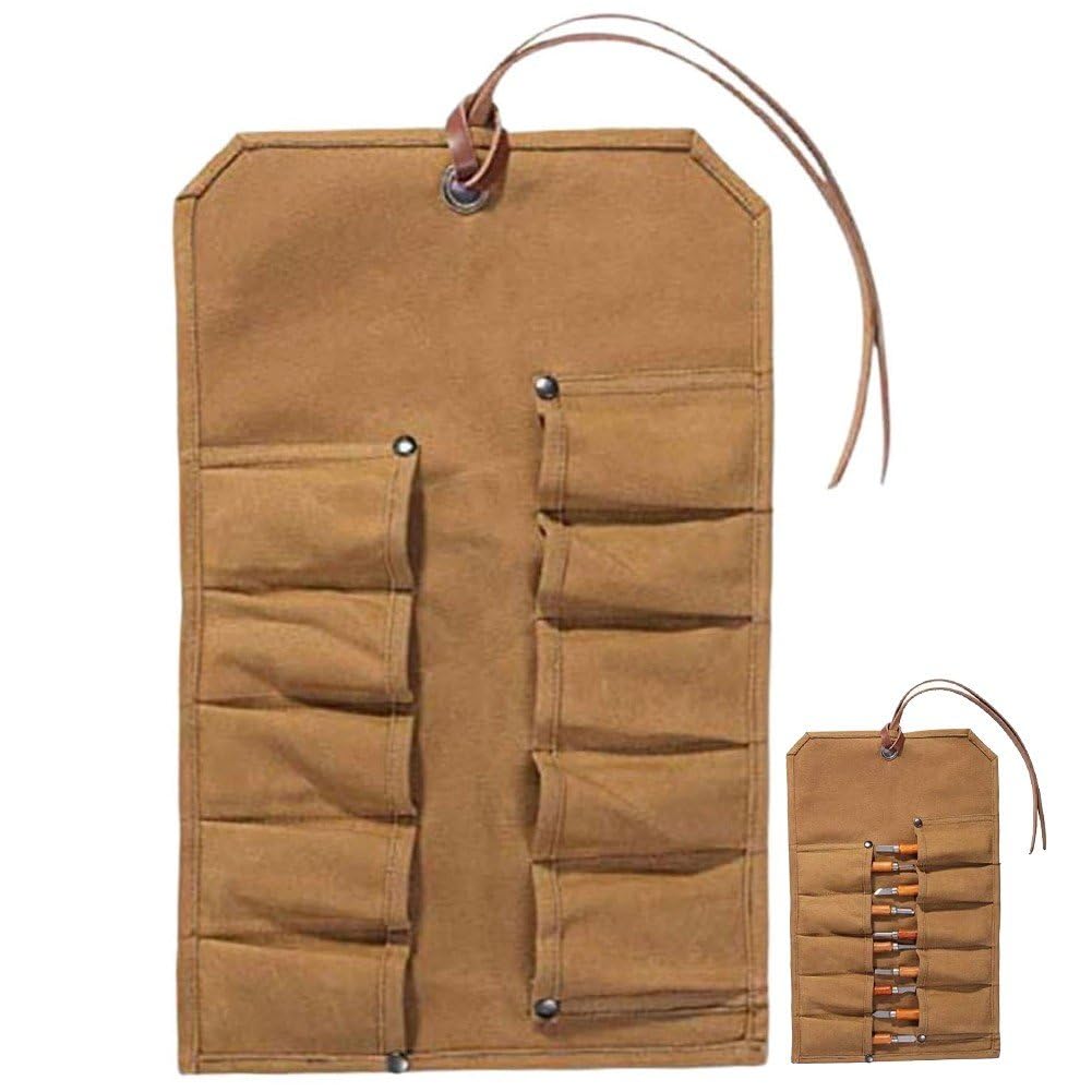 Tool Roll, Canvas Folding Heavy Duty Waxed Canvas Small Tool Bag Tool Pouch for Chisels, Hammers, Gouges Tools
