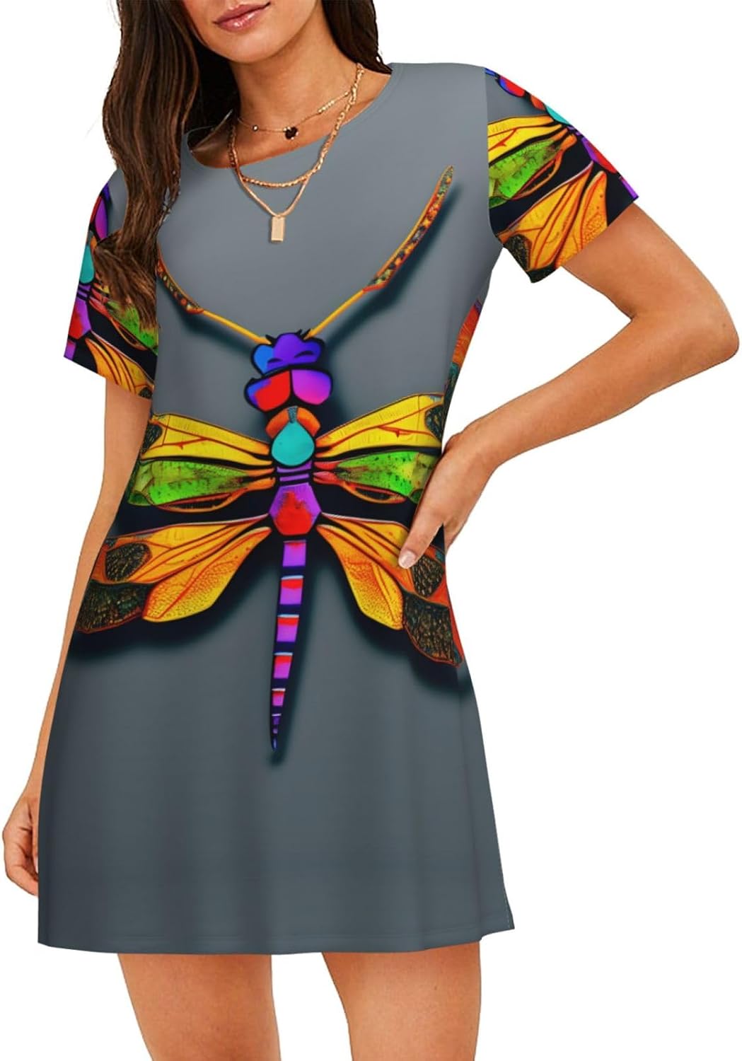 Cute Dragonfly Print Sleep Shirts for Women Short Sleeve Night Shirts for Sleeping Pullover Nightgown