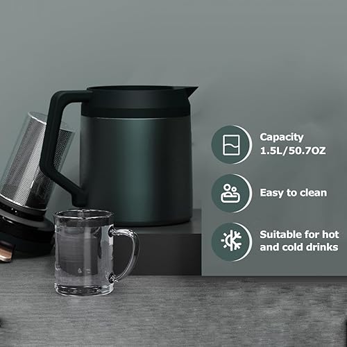 Miniatura 4 de Jarra de café térmica de acero inoxidable verde oscuro 1.5L-Frasco de vacío de doble pared para mantener el café caliente y el té durante 12 horas -