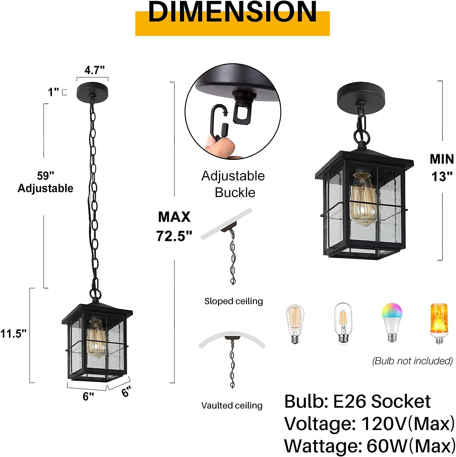 LALUZ Outdoor Pendant Light with Adjustable Chain, Rectangle Exterior Hanging Light Fixture with Cross Bar, 1 Pack Waterproof and Anti-Rust Outside Lamp for Corridor, Patio, Backyard