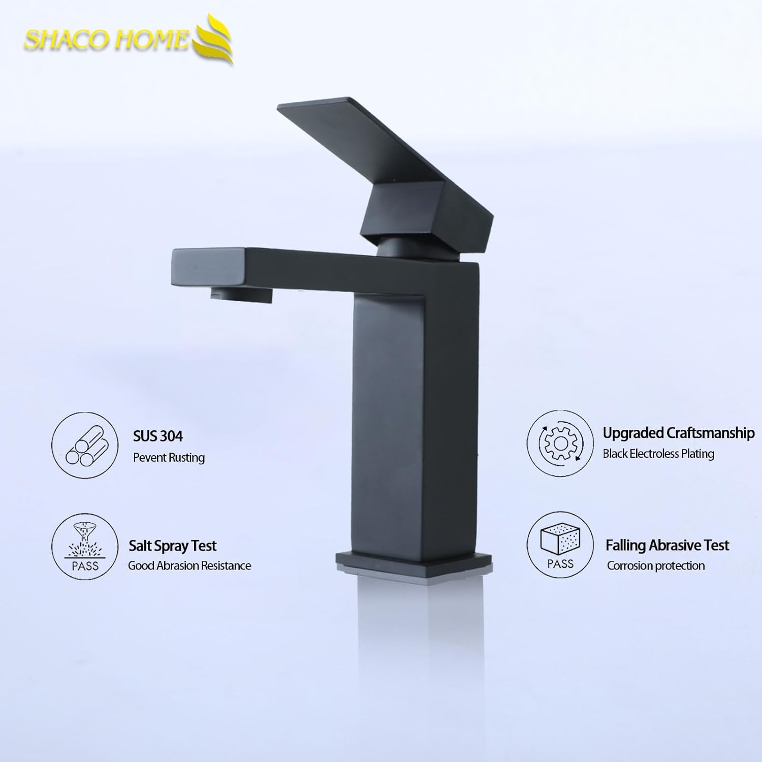 SHACO Black Single Hole Bathroom Faucet, Stainless Steel Single Handle Vanity Sink Faucet with Pop Up Drain and Supply Line, SC-YH1301B-SHBS