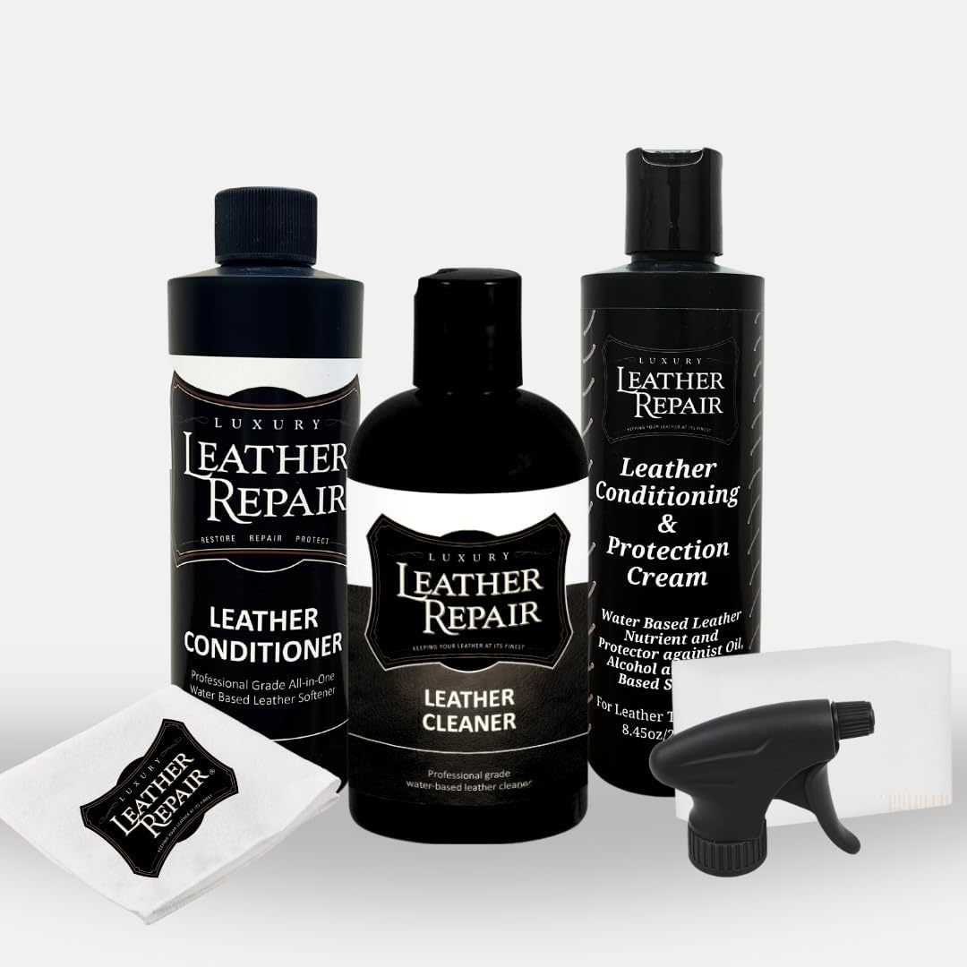 Luxury Leather Repair Leather Care and Maintenance Kit-Complete Leather Care Kit Including Leather Cleaner (16oz), Leather Conditioner (8oz), and Leather Protector (8oz)