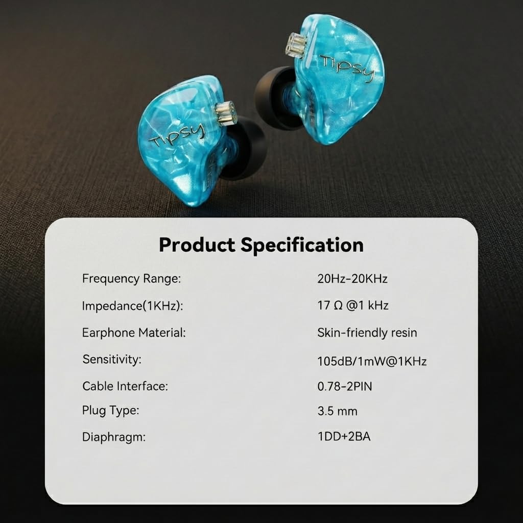 Tipsy M3 Pro IEM Kopfhörer, Gaming In Ear Monitor mit 1DD + 2BA Hybrid-Treibern, Räumlicher Klang für FPS Gaming, Präzise Ortung, Abnehmbares 0,78 mm 2-Pin Kabel, 3,5 mm Anschluss ohne Mikrofon(Blau)