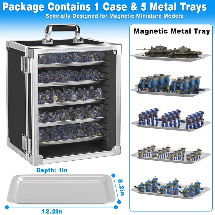 Image of ITHWIU Miniature Carrying Storage Case Aluminum Alloy Frame Transport Case, Miniatures Display Holder with 5 Magnetic Metal Tray, Black（Medium Size）