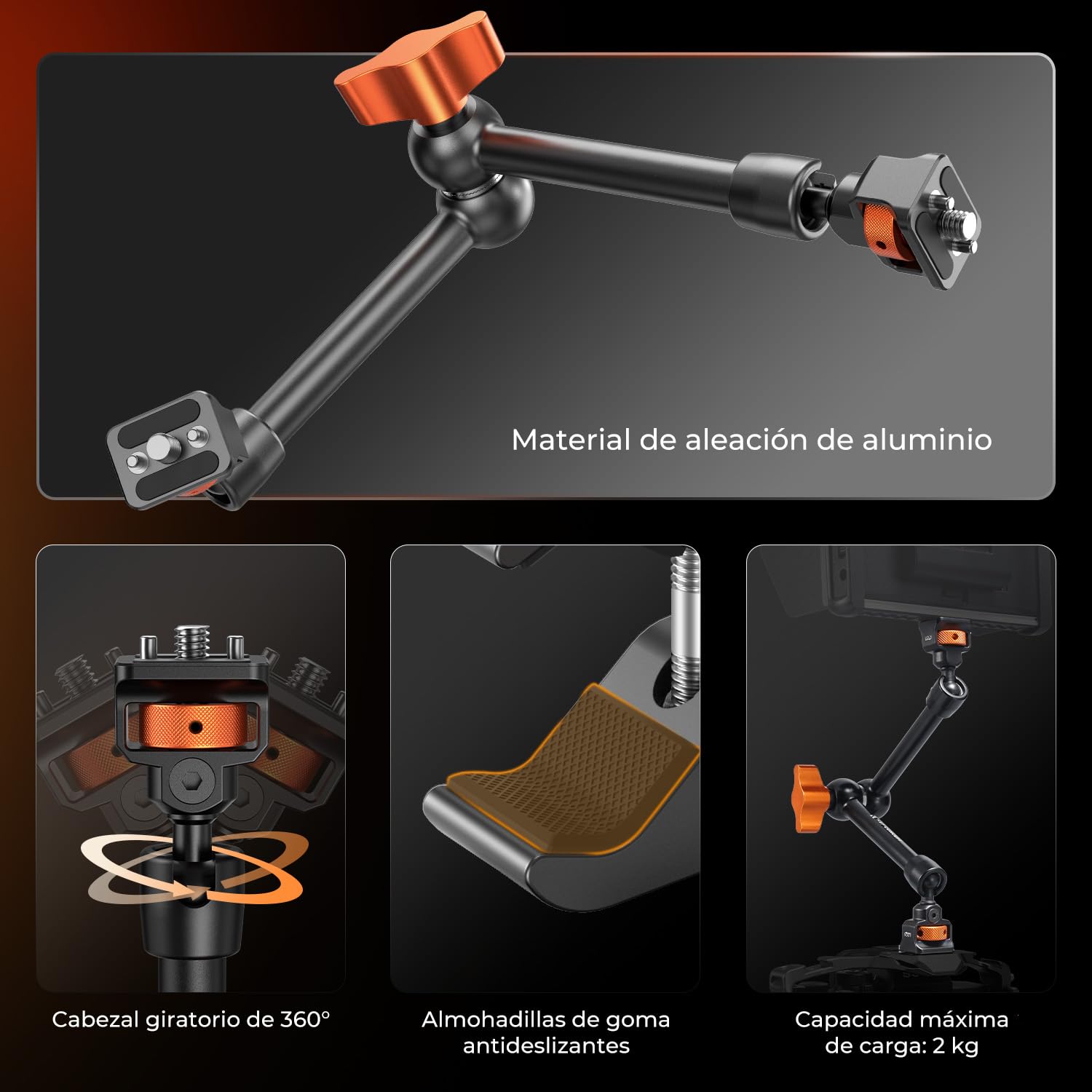 K&F CONCEPT Brazo Mágico 11 Pulgadas con Super Clamp Pinza, Magic Arm con Súper Abrazadera con Tornillos de 1/4" y 3/8" para Monitor Luz LED Cámara de Acción, Carga máxima: 2KG