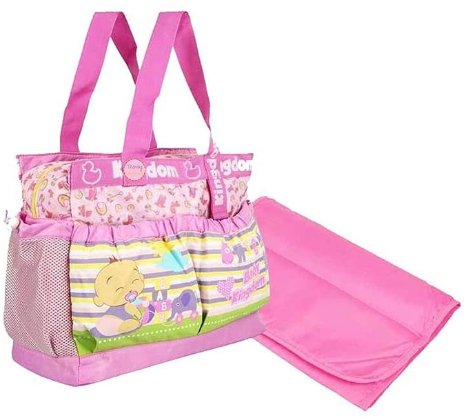 Unique Ideas New Born Baby Multipurpose Polyester Diaper/Mother Bag with Holder Diaper Changing Multi Compartment (Premium Pink, Medium)