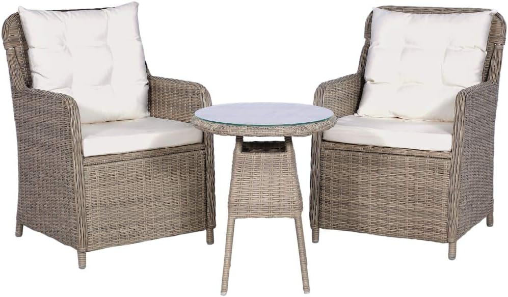 3 Piece Bistro Set with Cushions and Pillows,Balcony Furniture,Casual Table Chairs,Afternoon Tea Suit,Conversation Furniture,Perfect for outdoor garden, lawn, and backyard, Poly Rattan Brown