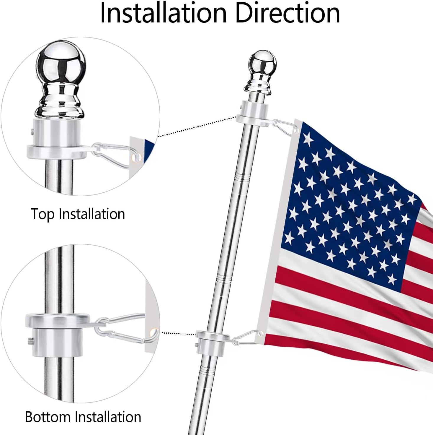 Aluminum Flag Pole Rings, Tangle Free Flagpole Rings with Bearing Design, 360° Rotating Flag Rings for 0.75-1.02 Inch Diameter Flagpoles, 2 Pack Flag Pole Rings and Hooks(2 PCS, 1", Silver)