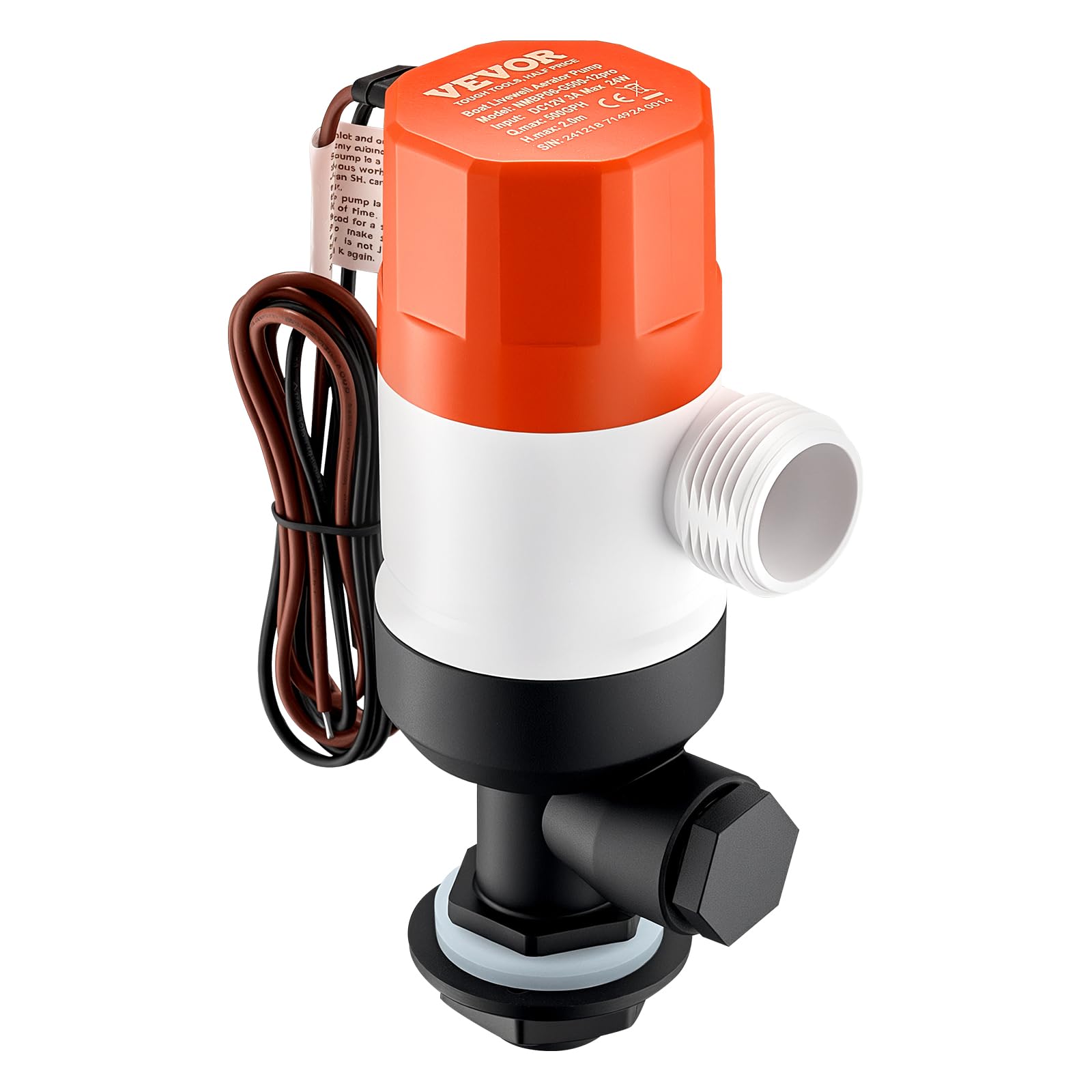 VEVOR Bomba de Pozo Vivo para Barco, 24 W 500 GPH Bomba de Aireación de Pozo Vivo Recta con Entrada Doble, Carcasa ABA y Cartucho de Motor Desmontable, Prueba Corrosión para Agua Dulce y Salada