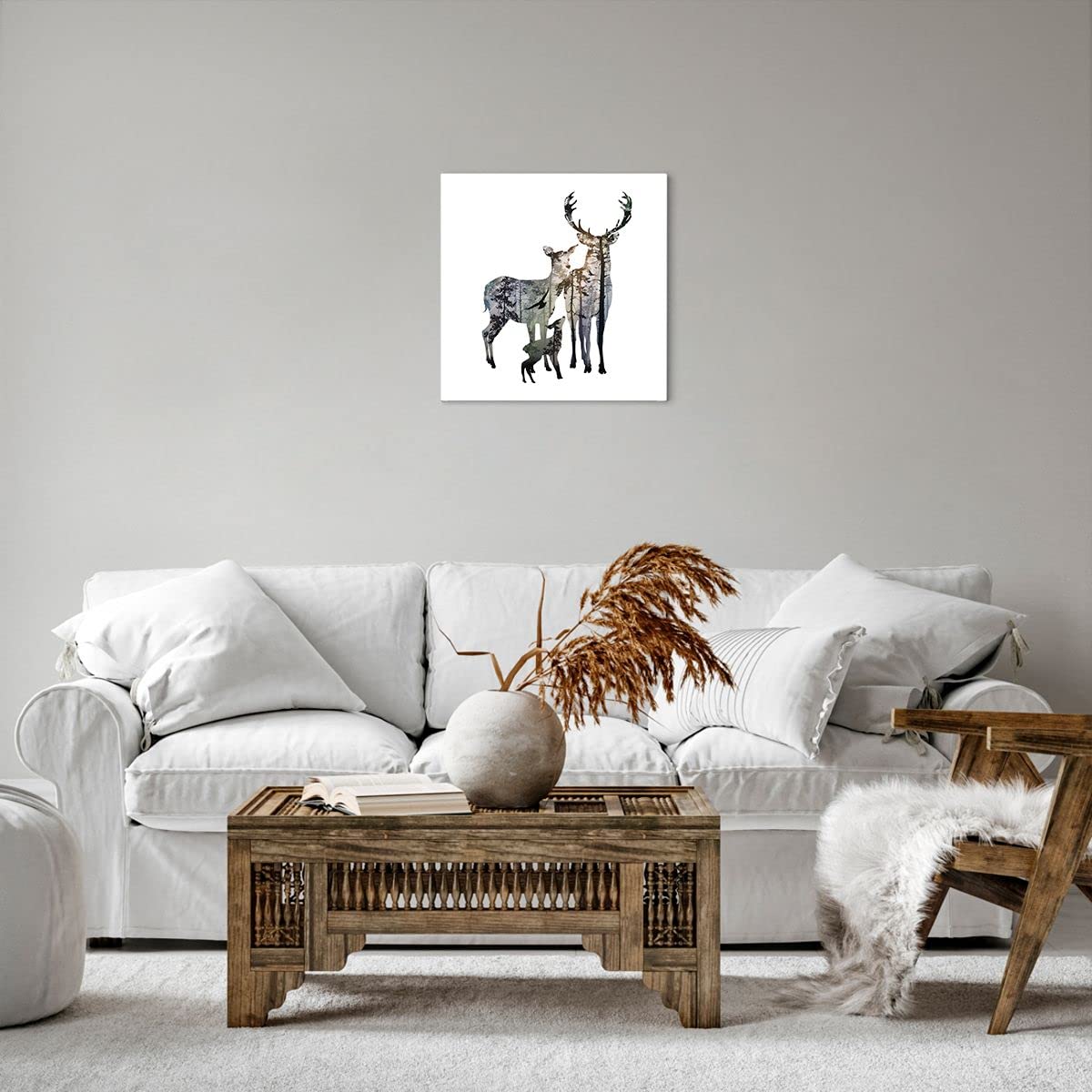 Cuadro Decorativo Sobre Lienzo 50x50 Cm - Motivo De Ciervos Familia Salvaje, Listo Para Colgar, Ideal Para Salón O Dormitorio