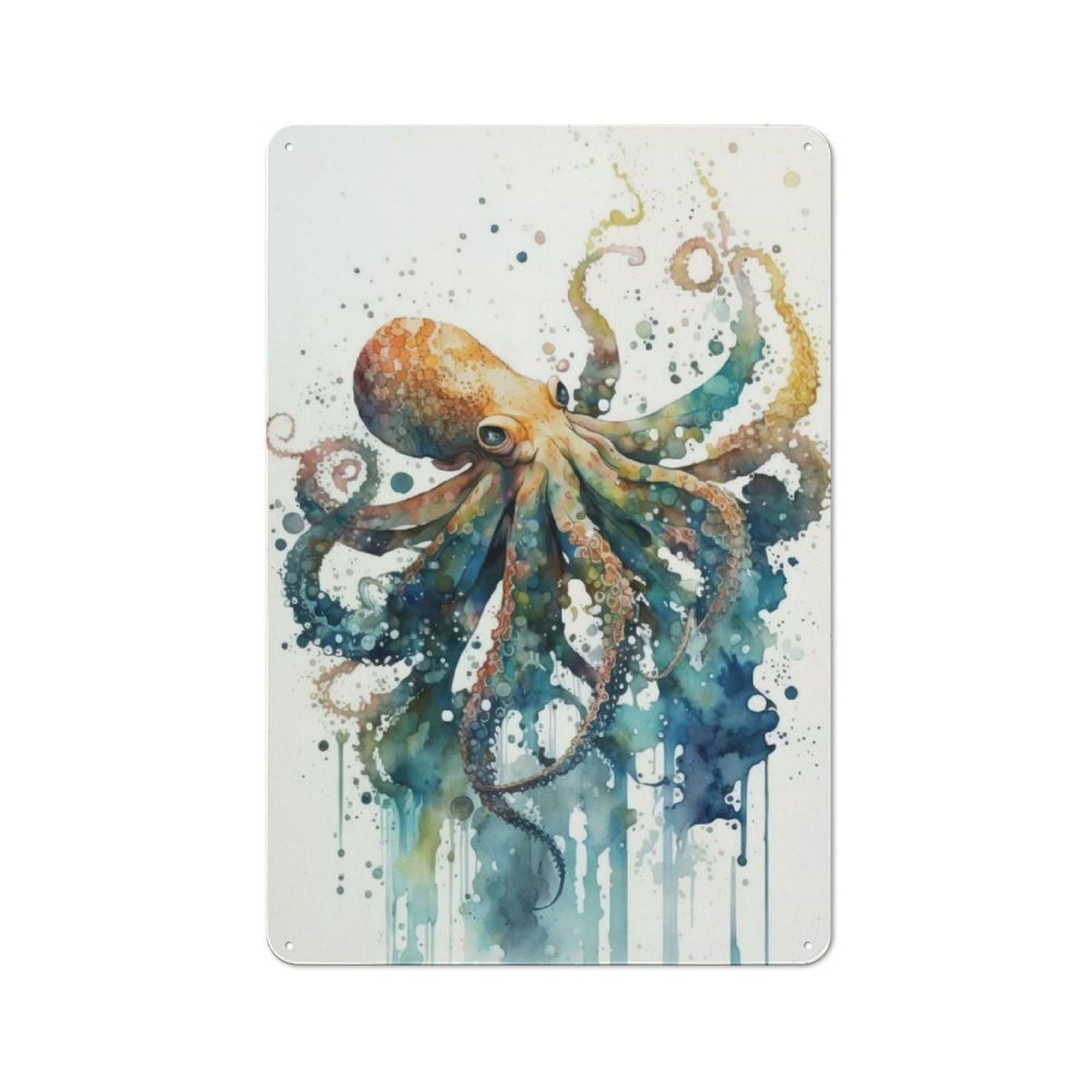 Junmoney Octopus In Watercolor Farmhouse Metal Sign With Design 30X20cm, Rustic Farmhouse Wall Decor For Farmhouse Kitchen, Pantry Or Dining Area