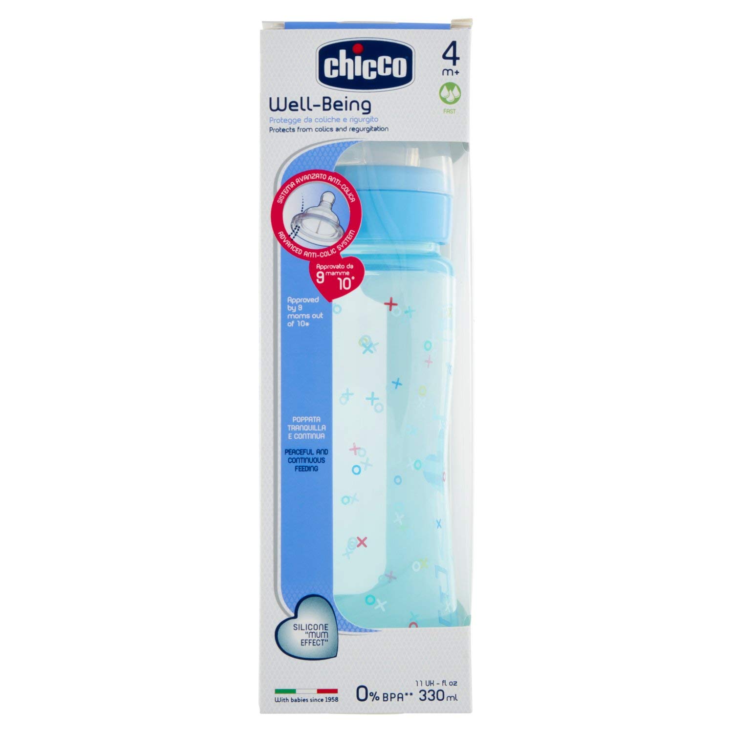 Chicco Silicone Baby Bottle, Fast Flow, 330 mL blue