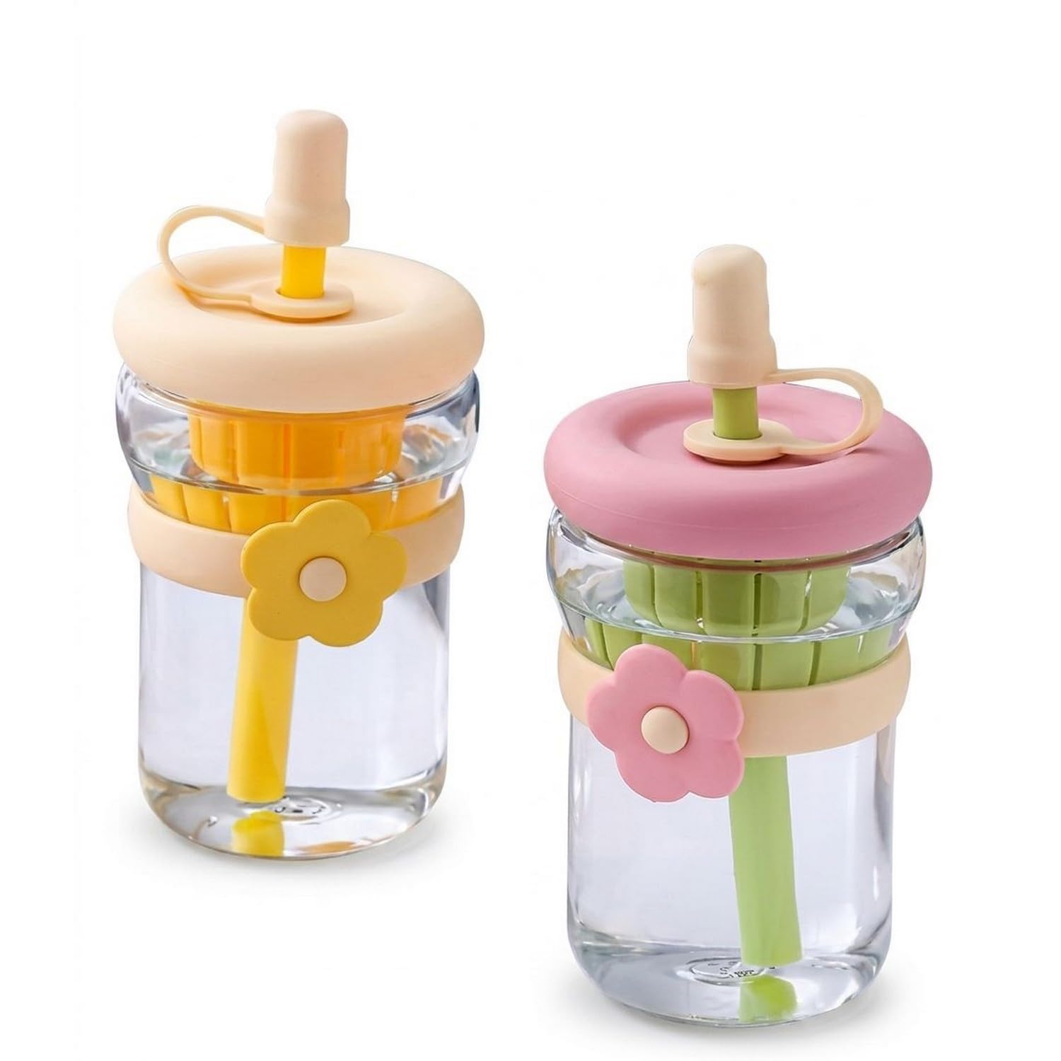 500ml Glass Sipper Bottle with Flower Band | Leakproof Straw Bottle with Built-in Juicer | Cute Aesthetic Drinkware for Kids & Adults (Multicolor)-image-8