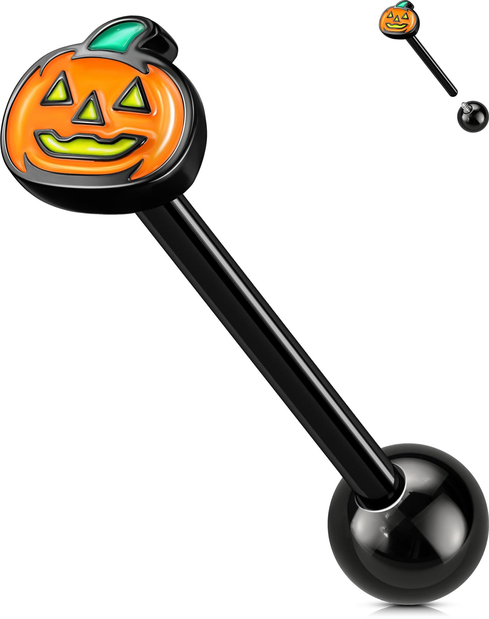OUFER Halloween Tongue Rings - 316L Surgical Steel Piercing Jewelry, Black Pumpkin Tongues, 14G Internal Thread