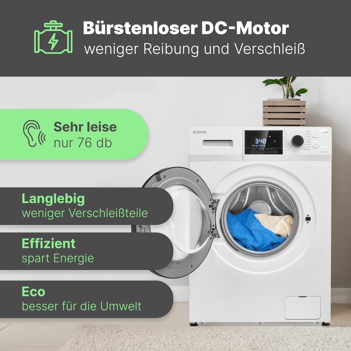 Bomann® Waschmaschine 9kg | inkl. Aqua-Stop | 1400 U/min | Bürstenloser DC-Motor: effizient, leise und langlebig | bis 95°C | 16 Programme | Endzeitvorwahl | Washing Machine | WA 7196