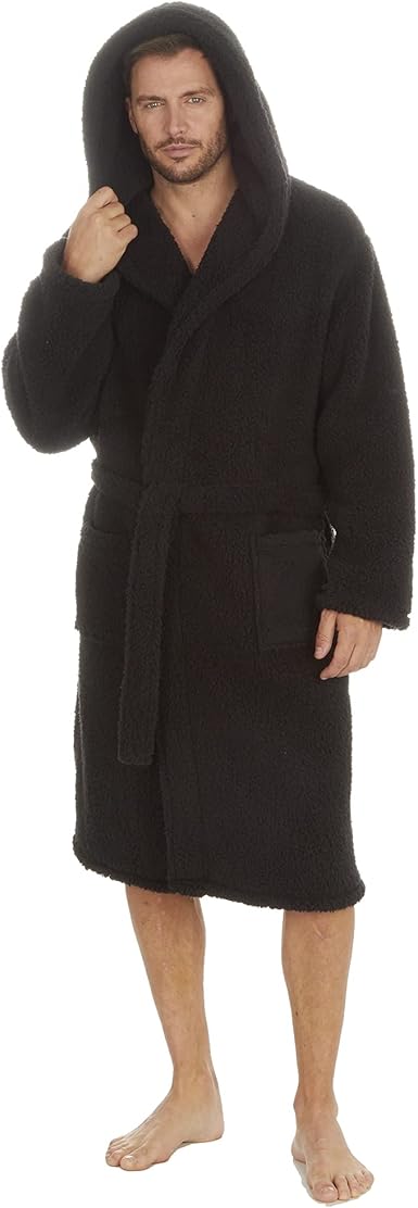 black fluffy hooded dressing gown