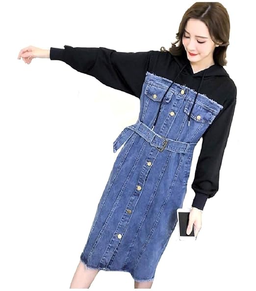 Hoodie Denim Splice Dress 