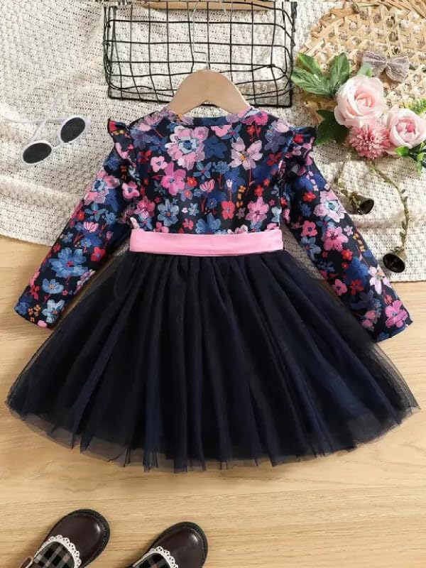 PAMBERSTON Baby Girl's Lycra Frock with Round Neck Full Sleeves Floral Pattern Knee Length Waist Bow and Regular Fit Black 3