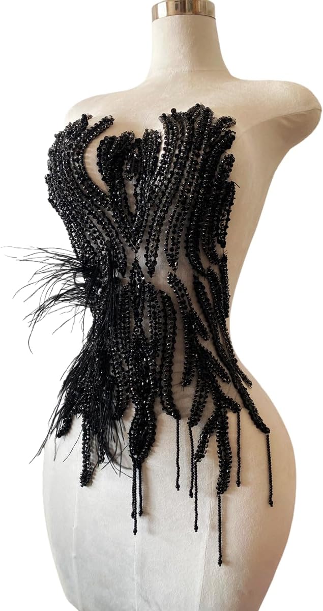Hand Made Smart Beads Tassels Fluttering Feathers Hand-Stitched Shiny Rhinestones Bodice Applique Dress DIY Accessories Patches (Black)