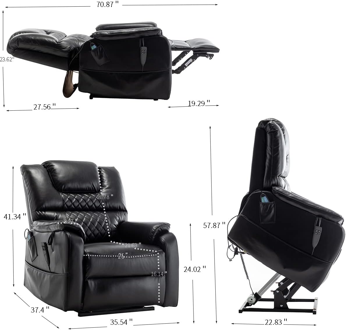 JULYFOX Lift Chair Lay Flat 400lbs Heavy Duty, Infinite Position Electric Recliner Chair Dual Motor Power Stand Up Lift Chair with Massage and Heat Hardwood Frame PU Leather Top,Black
