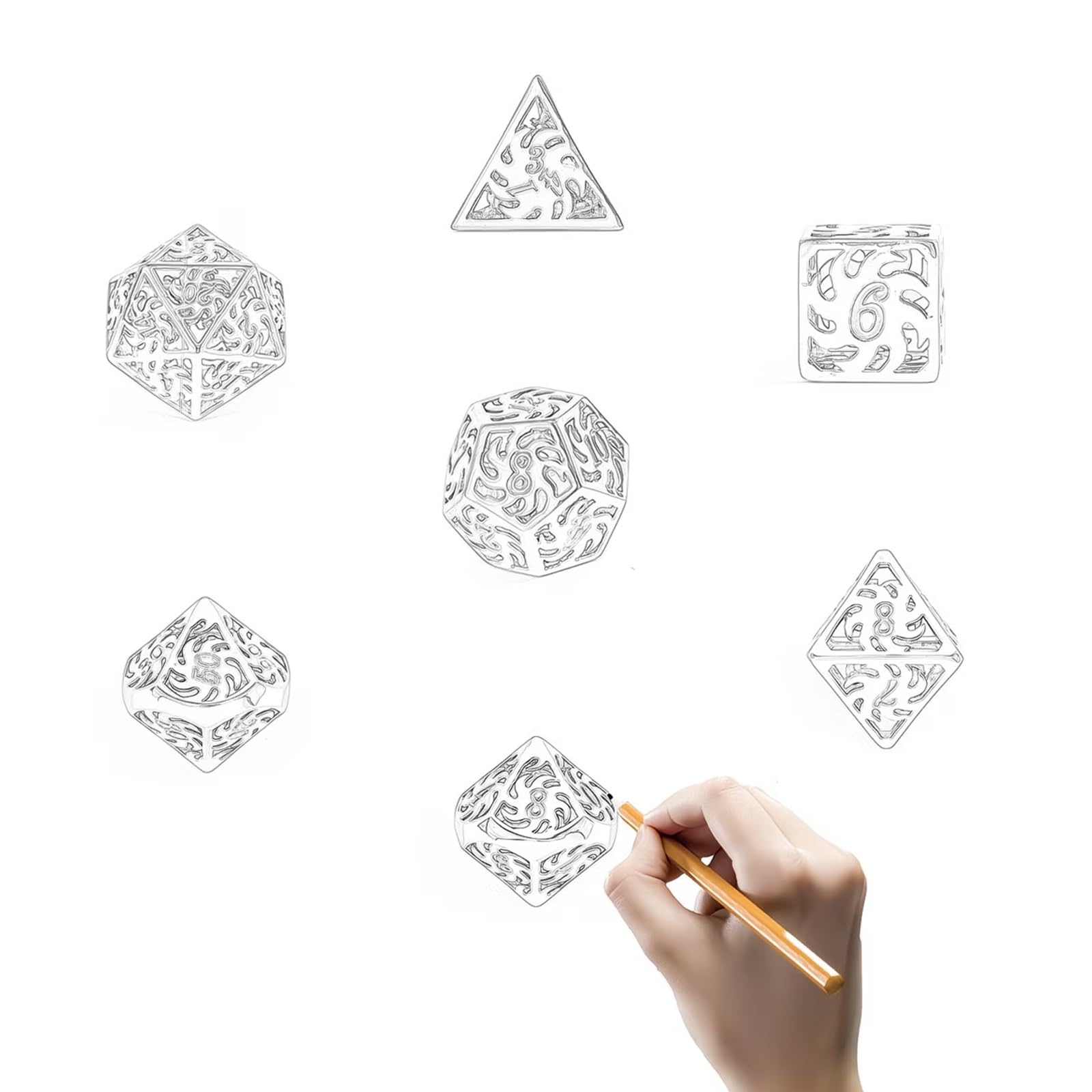 Ensemble de 7 Dés Polyédriques Creux en Métal Bleu, Compatibles avec Les Jeux de Rôle, Les Jeux de Société et Les Jeux de Cartes